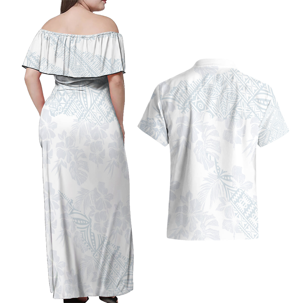 Samoa White Sunday Couples Matching Off Shoulder Maxi Dress and Hawaiian Shirt Hibiscus Special LT7 - Wonder Print Shop