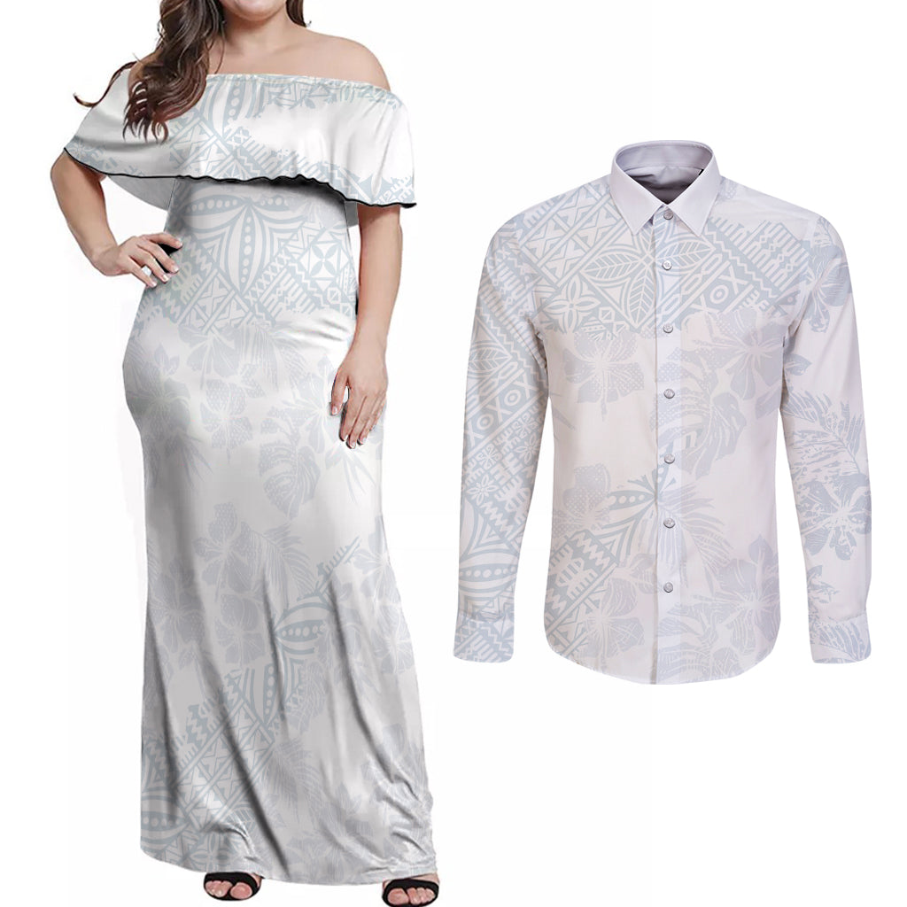 Samoa White Sunday Couples Matching Off Shoulder Maxi Dress and Long Sleeve Button Shirts Hibiscus Special LT7 - Wonder Print Shop