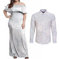Samoa White Sunday Couples Matching Off Shoulder Maxi Dress and Long Sleeve Button Shirts Hibiscus Special LT7 - Wonder Print Shop