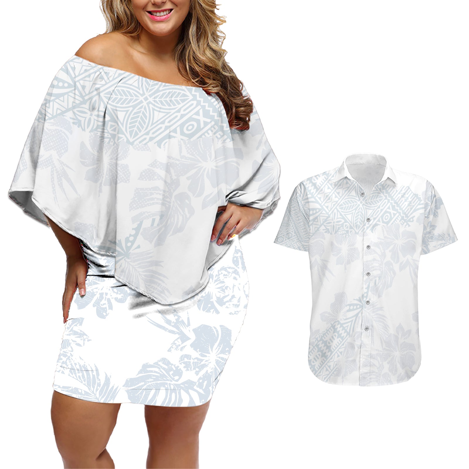 Samoa White Sunday Couples Matching Off Shoulder Short Dress and Hawaiian Shirt Hibiscus Special LT7 - Wonder Print Shop