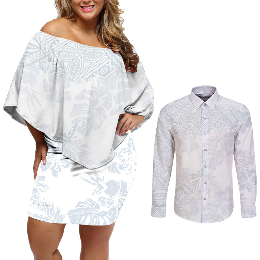 Samoa White Sunday Couples Matching Off Shoulder Short Dress and Long Sleeve Button Shirts Hibiscus Special LT7 - Wonder Print Shop