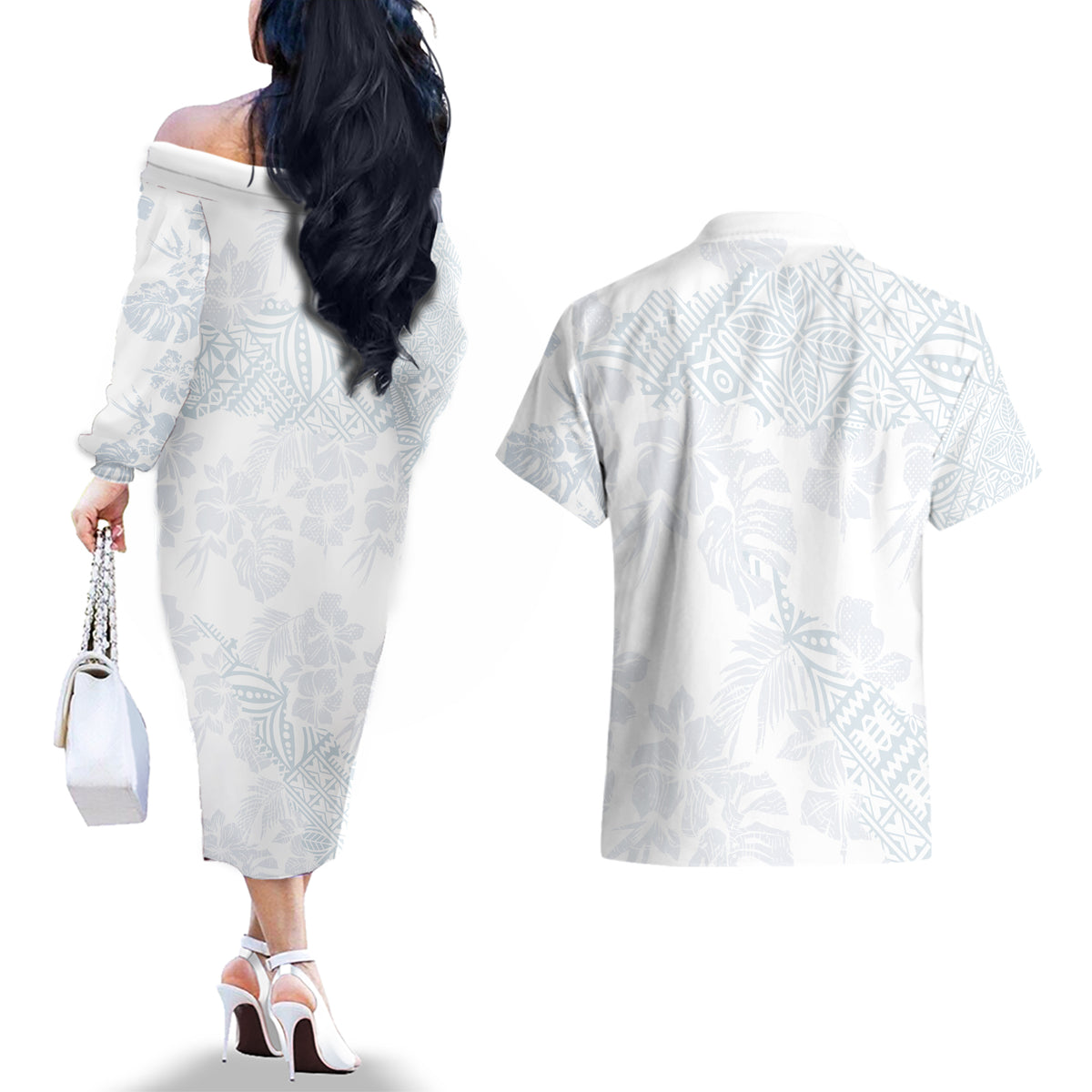 Samoa White Sunday Couples Matching Off The Shoulder Long Sleeve Dress and Hawaiian Shirt Hibiscus Special LT7 - Wonder Print Shop