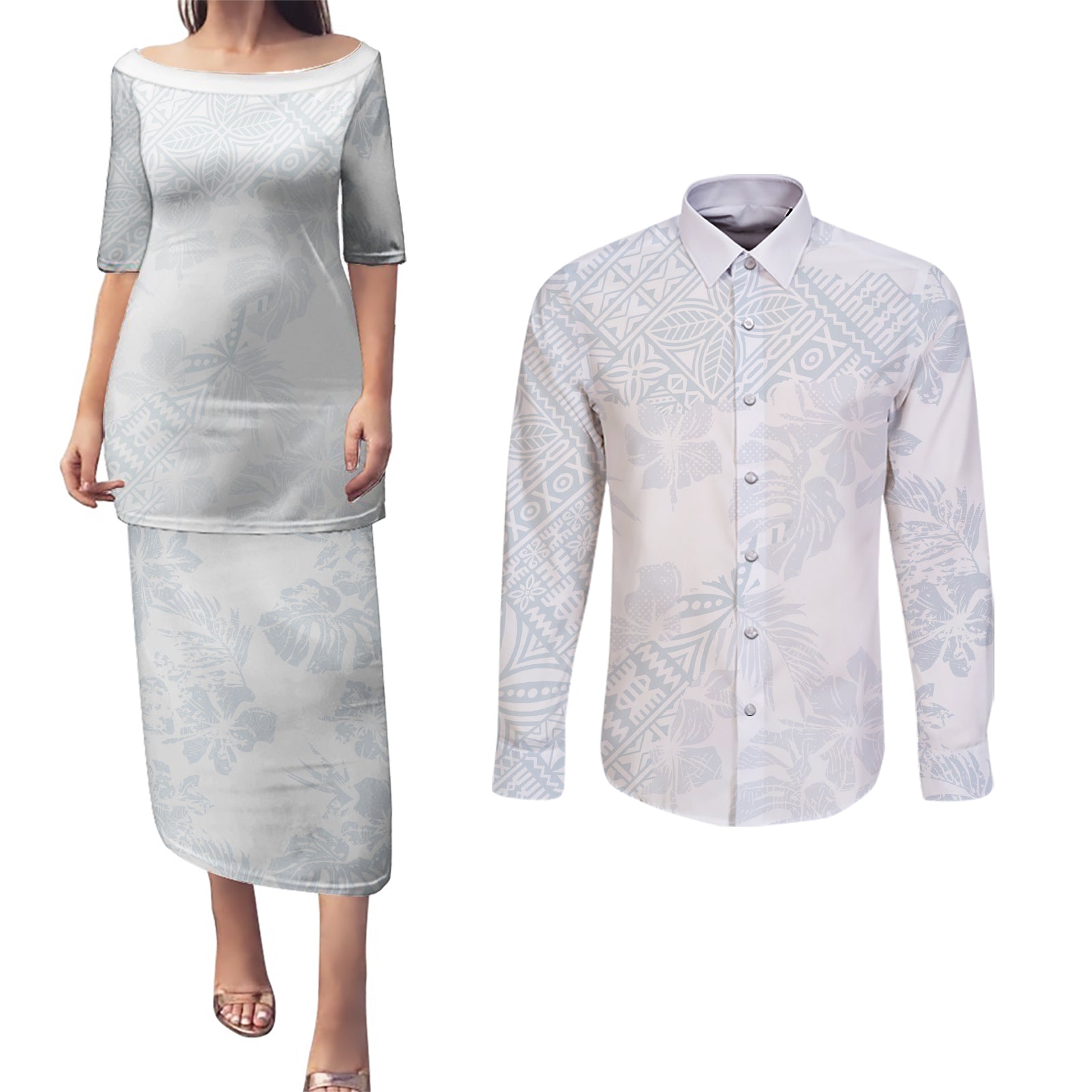 Samoa White Sunday Couples Matching Puletasi Dress and Long Sleeve Button Shirts Hibiscus Special LT7 - Wonder Print Shop
