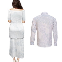 Samoa White Sunday Couples Matching Puletasi Dress and Long Sleeve Button Shirts Hibiscus Special LT7 - Wonder Print Shop