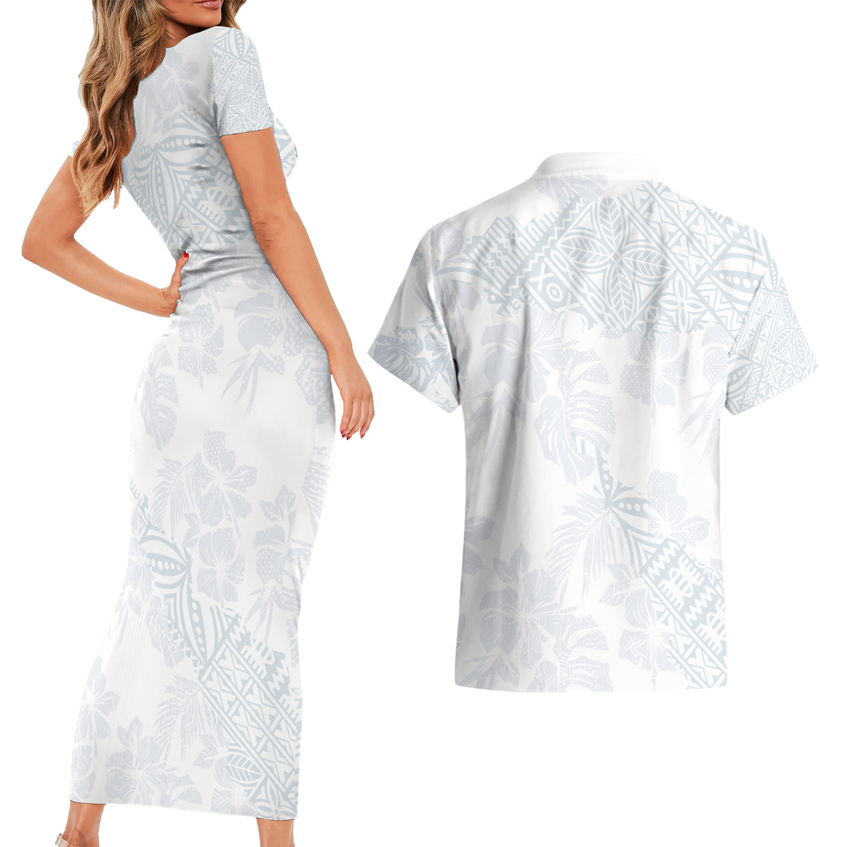 Samoa White Sunday Couples Matching Short Sleeve Bodycon Dress and Hawaiian Shirt Hibiscus Special LT7 - Wonder Print Shop