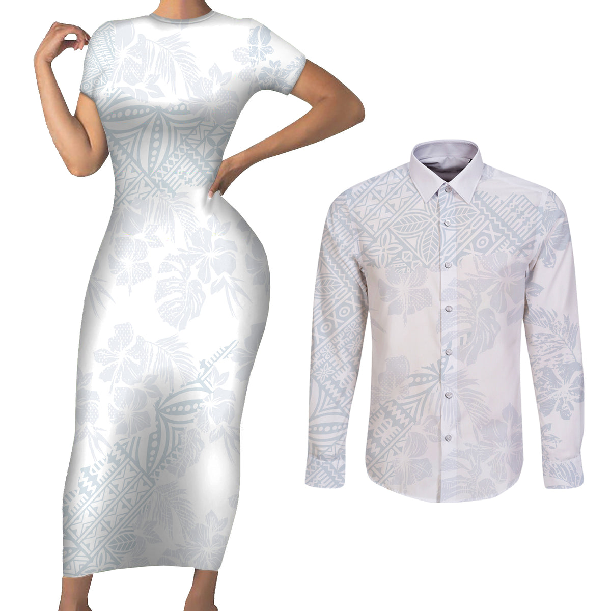 Samoa White Sunday Couples Matching Short Sleeve Bodycon Dress and Long Sleeve Button Shirts Hibiscus Special LT7 - Wonder Print Shop