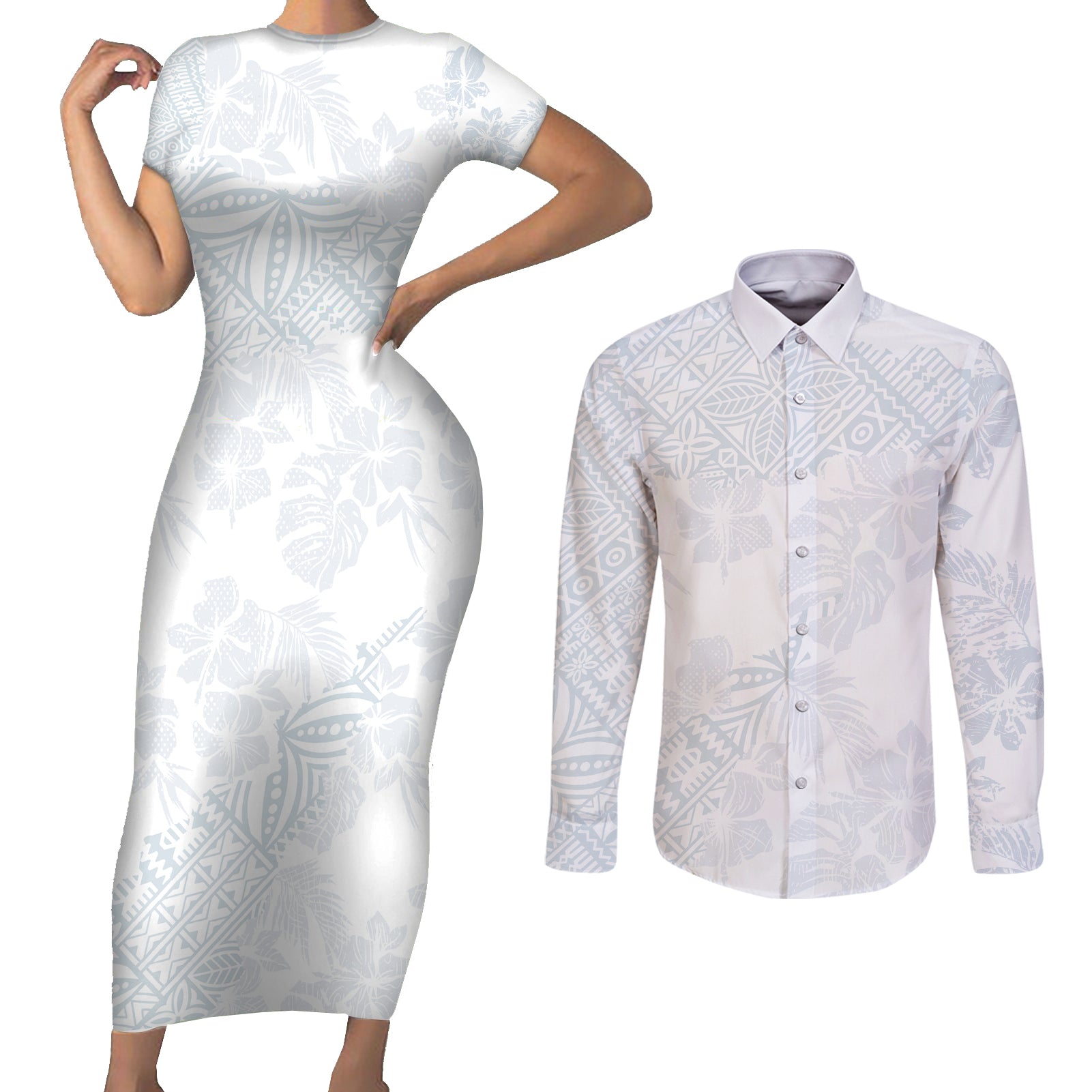 Samoa White Sunday Couples Matching Short Sleeve Bodycon Dress and Long Sleeve Button Shirts Hibiscus Special LT7 - Wonder Print Shop