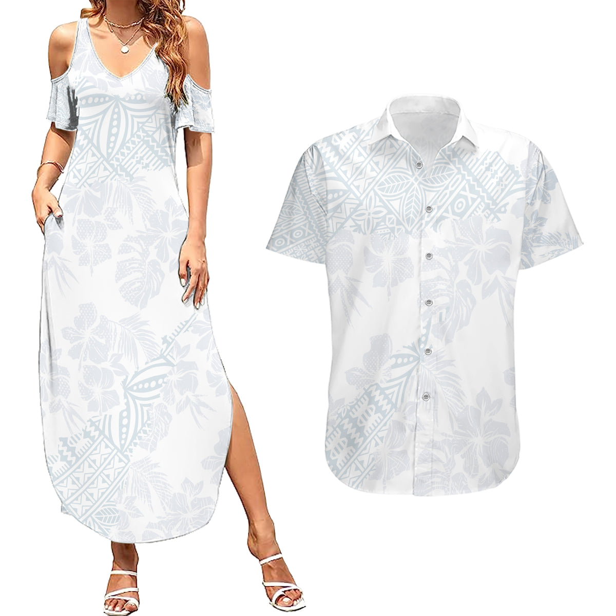 Samoa White Sunday Couples Matching Summer Maxi Dress and Hawaiian Shirt Hibiscus Special LT7 - Wonder Print Shop