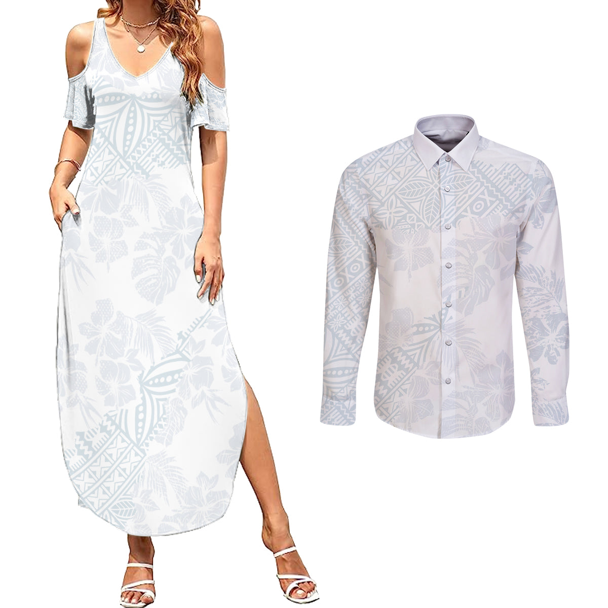Samoa White Sunday Couples Matching Summer Maxi Dress and Long Sleeve Button Shirts Hibiscus Special LT7 - Wonder Print Shop