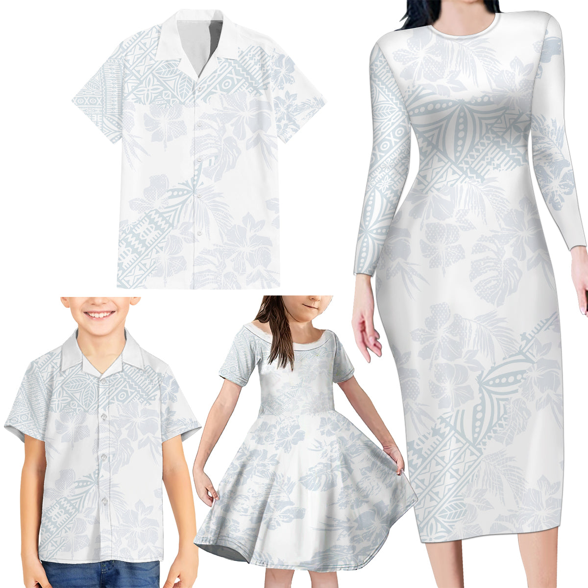 Samoa White Sunday Family Matching Long Sleeve Bodycon Dress and Hawaiian Shirt Hibiscus Special LT7 - Wonder Print Shop