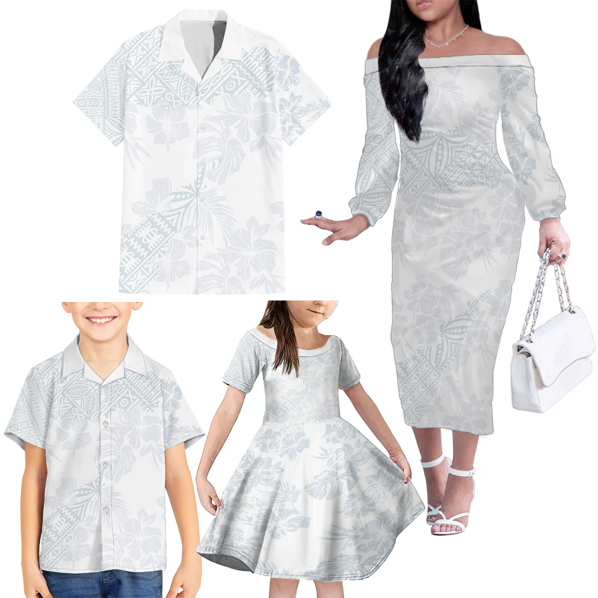 Samoa White Sunday Family Matching Off Shoulder Long Sleeve Dress and Hawaiian Shirt Hibiscus Special - Wonder Print Shop