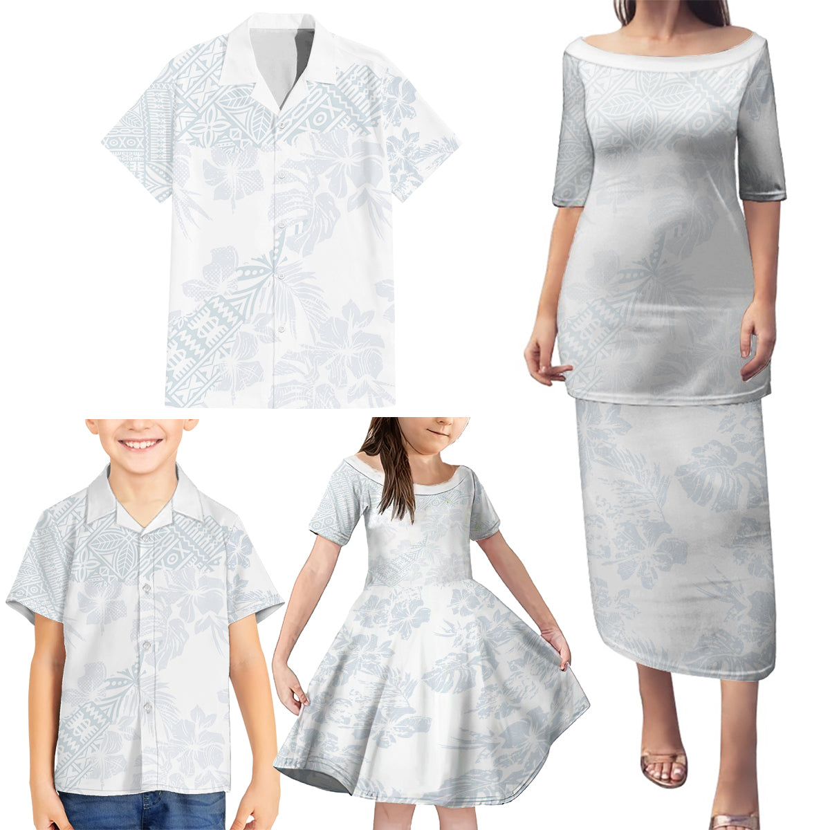 Samoa White Sunday Family Matching Puletasi Dress and Hawaiian Shirt Hibiscus Special - Wonder Print Shop