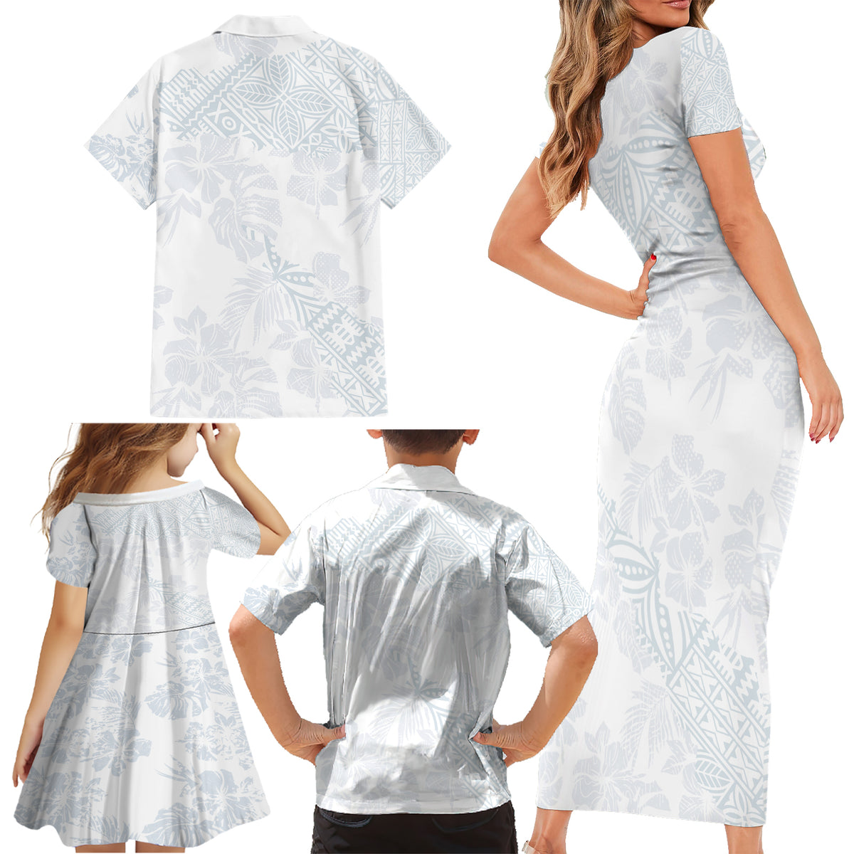 Samoa White Sunday Family Matching Short Sleeve Bodycon Dress and Hawaiian Shirt Hibiscus Special - Wonder Print Shop