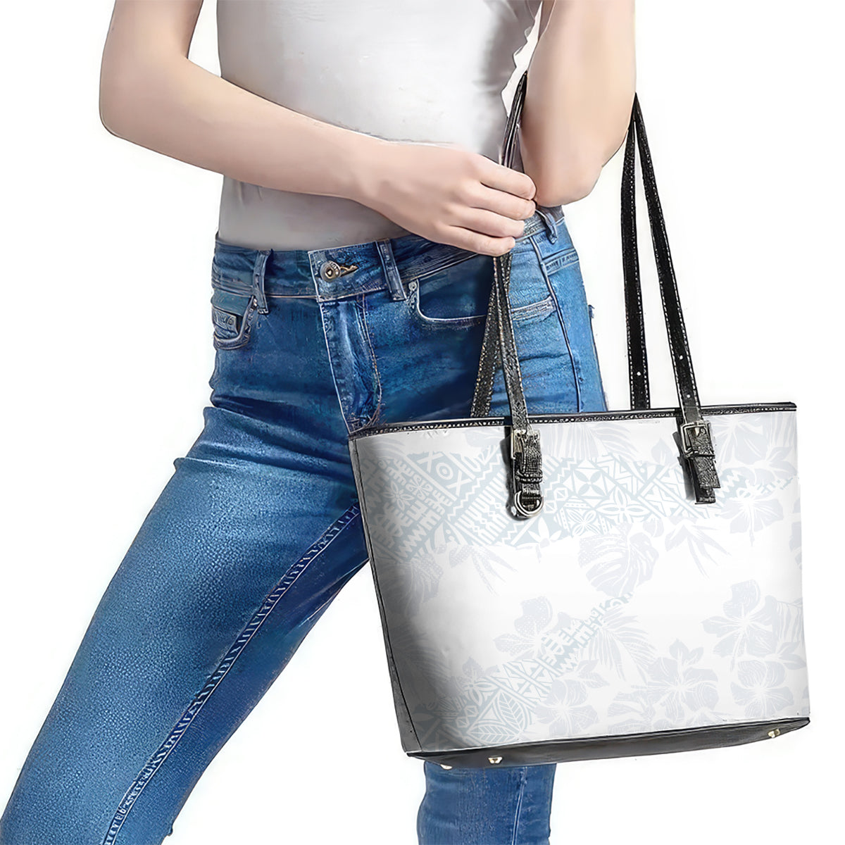 Samoa White Sunday Leather Tote Bag Hibiscus Special - Wonder Print Shop