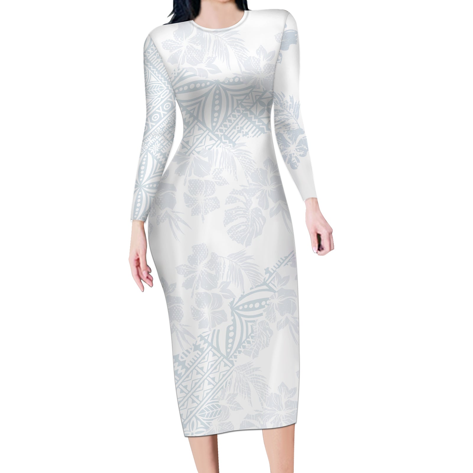 Samoa White Sunday Long Sleeve Bodycon Dress Hibiscus Special - Wonder Print Shop
