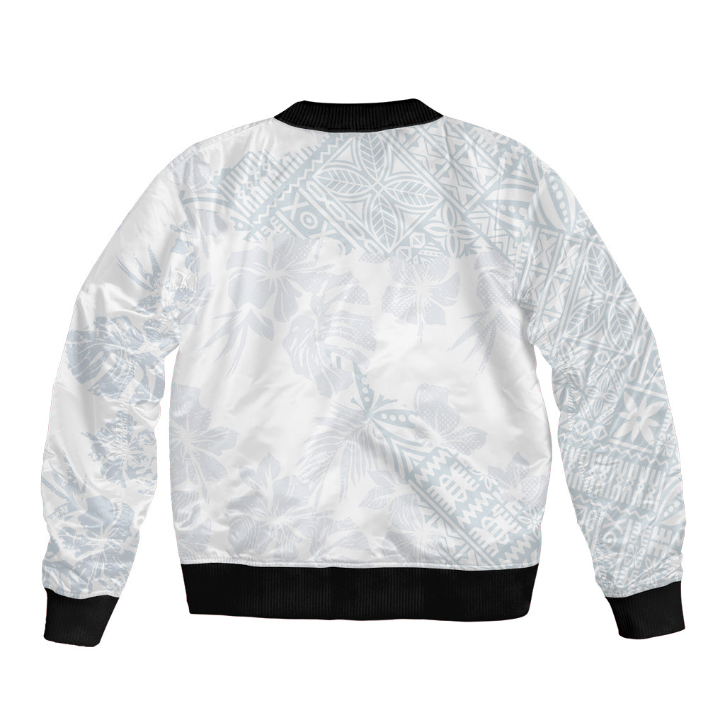 Samoa White Sunday Sleeve Zip Bomber Jacket Hibiscus Special - Wonder Print Shop