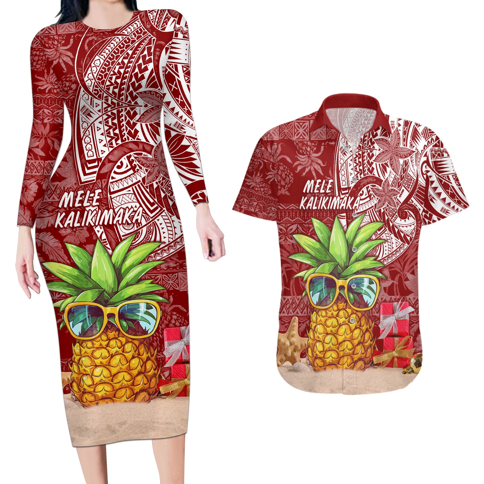 Mele Kalikimaka Hawaii Christmas Couples Matching Long Sleeve Bodycon Dress and Hawaiian Shirt Pineapple Party LT7 - Wonder Print Shop