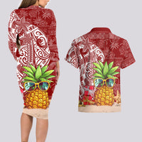 Mele Kalikimaka Hawaii Christmas Couples Matching Long Sleeve Bodycon Dress and Hawaiian Shirt Pineapple Party LT7 - Wonder Print Shop