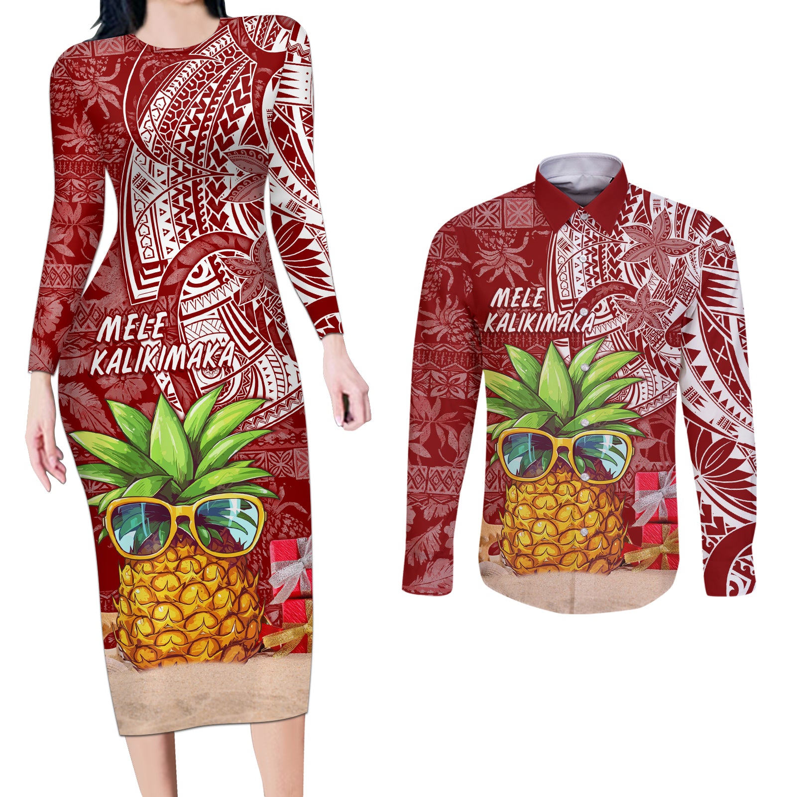 Mele Kalikimaka Hawaii Christmas Couples Matching Long Sleeve Bodycon Dress and Long Sleeve Button Shirt Pineapple Party LT7 - Wonder Print Shop