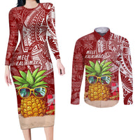 Mele Kalikimaka Hawaii Christmas Couples Matching Long Sleeve Bodycon Dress and Long Sleeve Button Shirt Pineapple Party LT7 - Wonder Print Shop