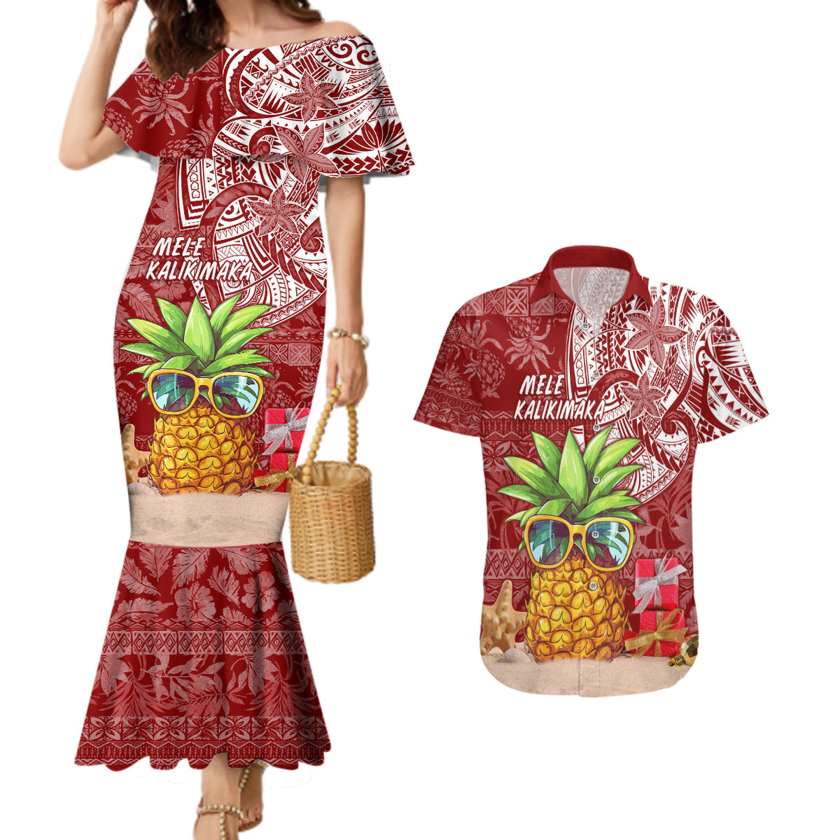 Mele Kalikimaka Hawaii Christmas Couples Matching Mermaid Dress and Hawaiian Shirt Pineapple Party LT7 - Wonder Print Shop