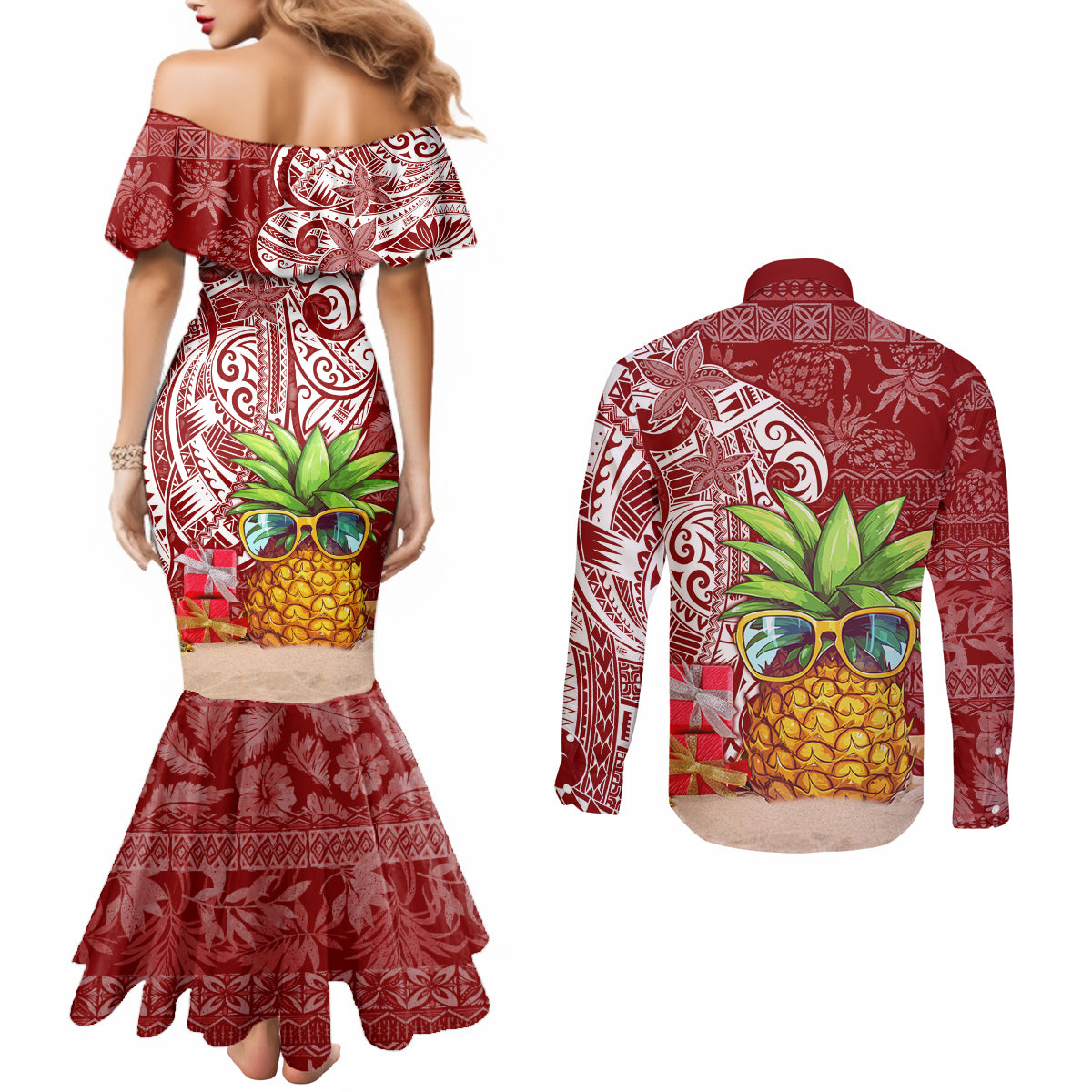 mele-kalikimaka-hawaii-christmas-couples-matching-mermaid-dress-and-long-sleeve-button-shirt-pineapple-party