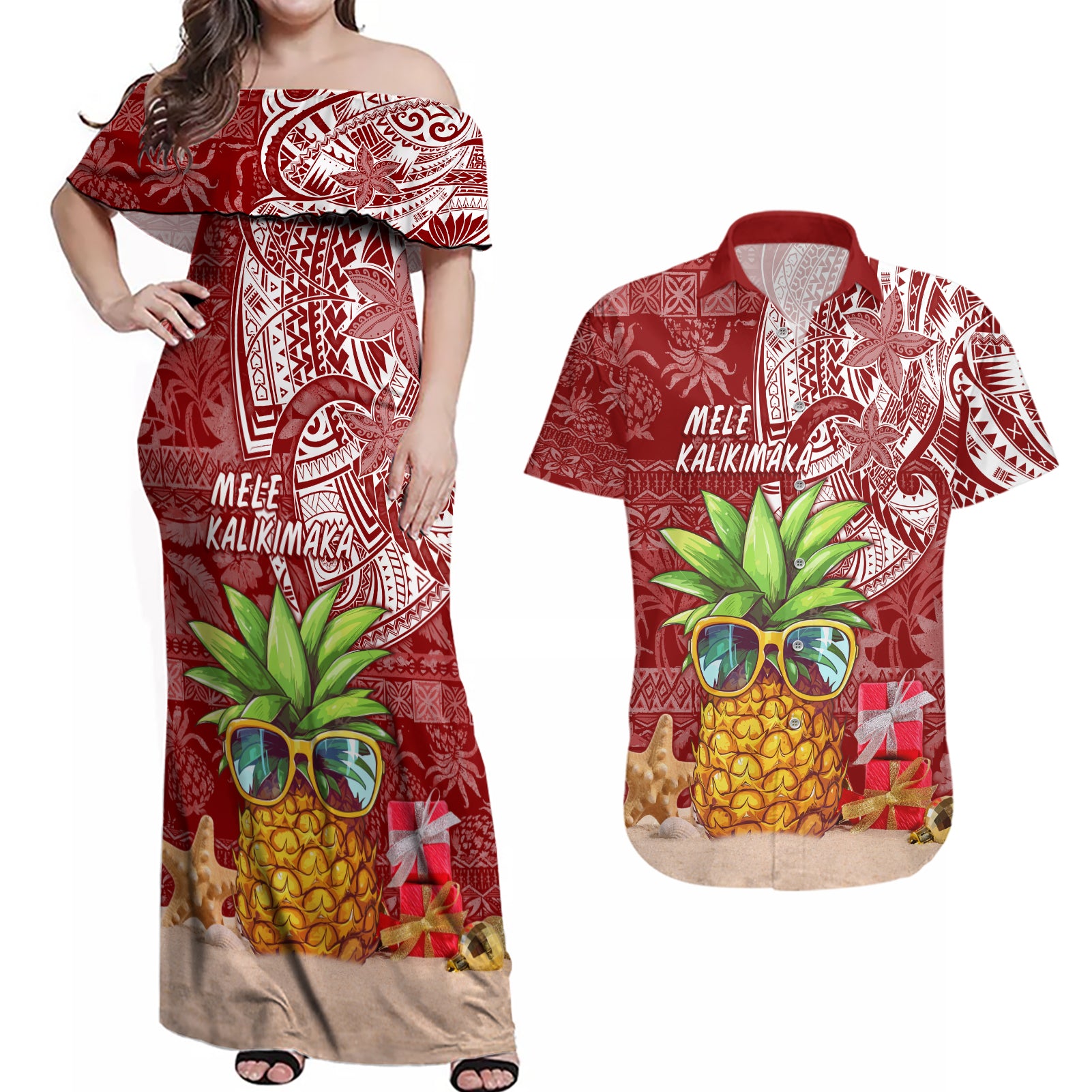 Mele Kalikimaka Hawaii Christmas Couples Matching Off Shoulder Maxi Dress and Hawaiian Shirt Pineapple Party LT7 - Wonder Print Shop