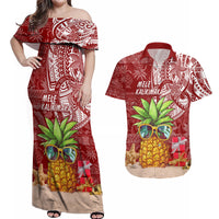 Mele Kalikimaka Hawaii Christmas Couples Matching Off Shoulder Maxi Dress and Hawaiian Shirt Pineapple Party LT7 - Wonder Print Shop