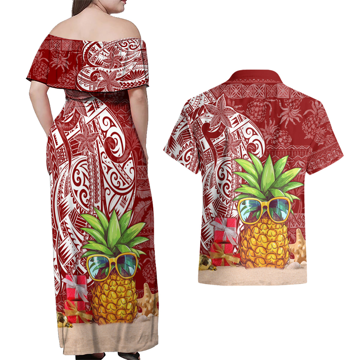 Mele Kalikimaka Hawaii Christmas Couples Matching Off Shoulder Maxi Dress and Hawaiian Shirt Pineapple Party LT7 - Wonder Print Shop