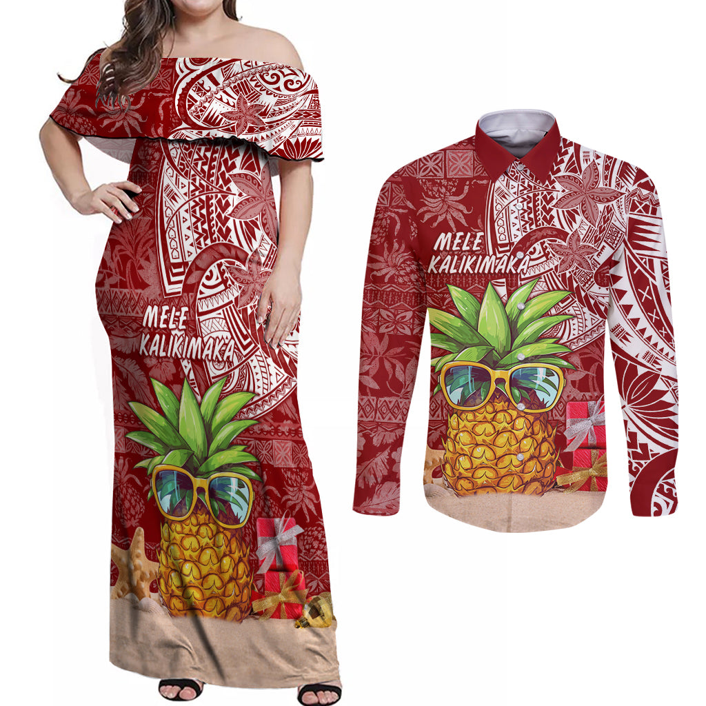 Mele Kalikimaka Hawaii Christmas Couples Matching Off Shoulder Maxi Dress and Long Sleeve Button Shirt Pineapple Party LT7 - Wonder Print Shop