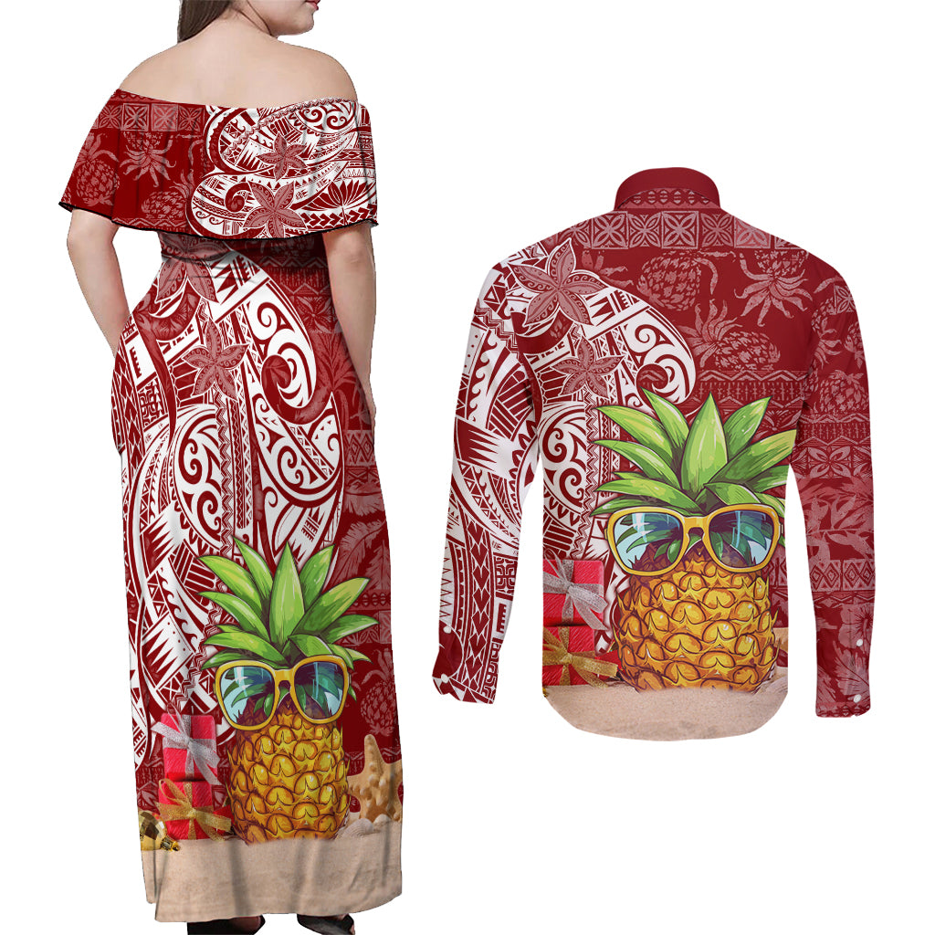 Mele Kalikimaka Hawaii Christmas Couples Matching Off Shoulder Maxi Dress and Long Sleeve Button Shirt Pineapple Party LT7 - Wonder Print Shop