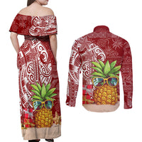 Mele Kalikimaka Hawaii Christmas Couples Matching Off Shoulder Maxi Dress and Long Sleeve Button Shirt Pineapple Party LT7 - Wonder Print Shop