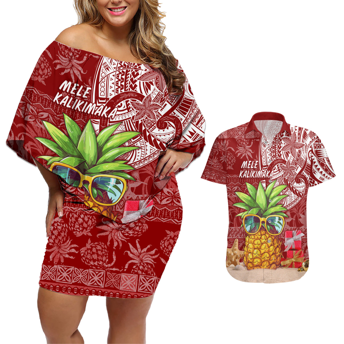Mele Kalikimaka Hawaii Christmas Couples Matching Off Shoulder Short Dress and Hawaiian Shirt Pineapple Party LT7 - Wonder Print Shop