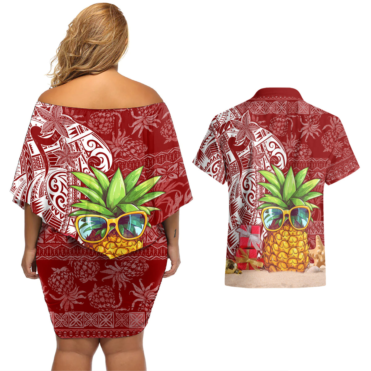 Mele Kalikimaka Hawaii Christmas Couples Matching Off Shoulder Short Dress and Hawaiian Shirt Pineapple Party LT7 - Wonder Print Shop