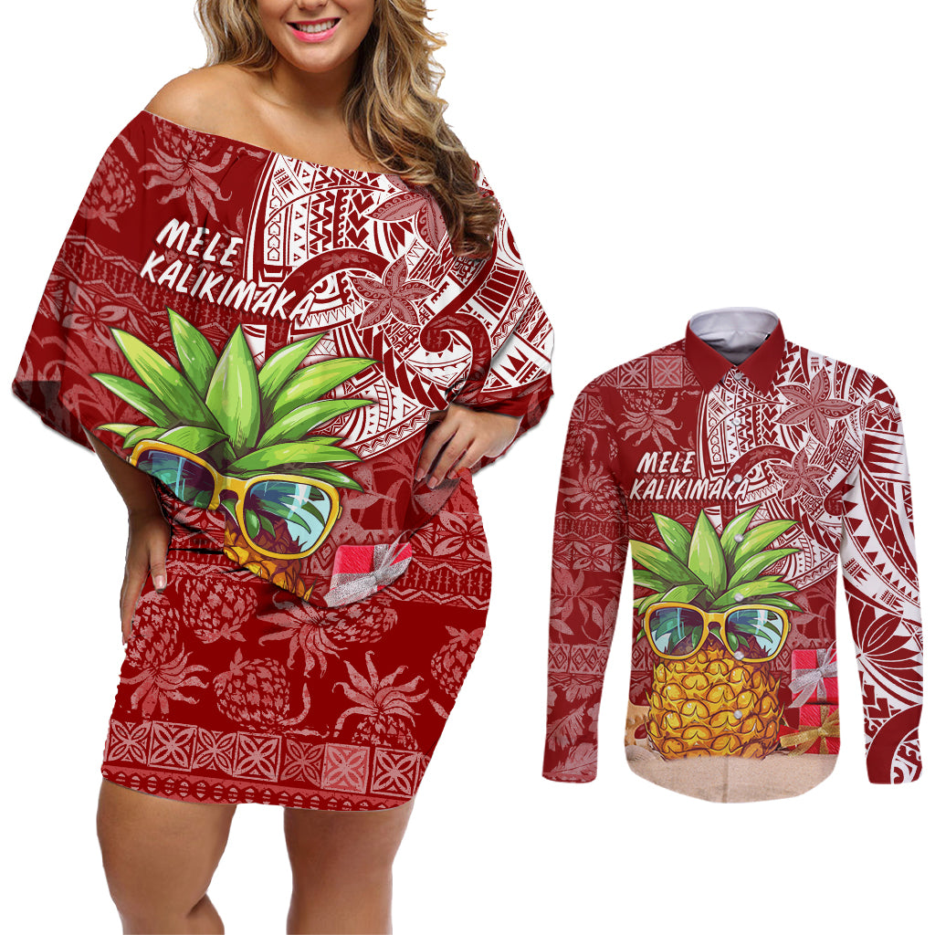 Mele Kalikimaka Hawaii Christmas Couples Matching Off Shoulder Short Dress and Long Sleeve Button Shirt Pineapple Party LT7 - Wonder Print Shop