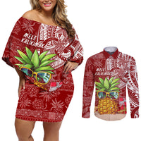 Mele Kalikimaka Hawaii Christmas Couples Matching Off Shoulder Short Dress and Long Sleeve Button Shirt Pineapple Party LT7 - Wonder Print Shop