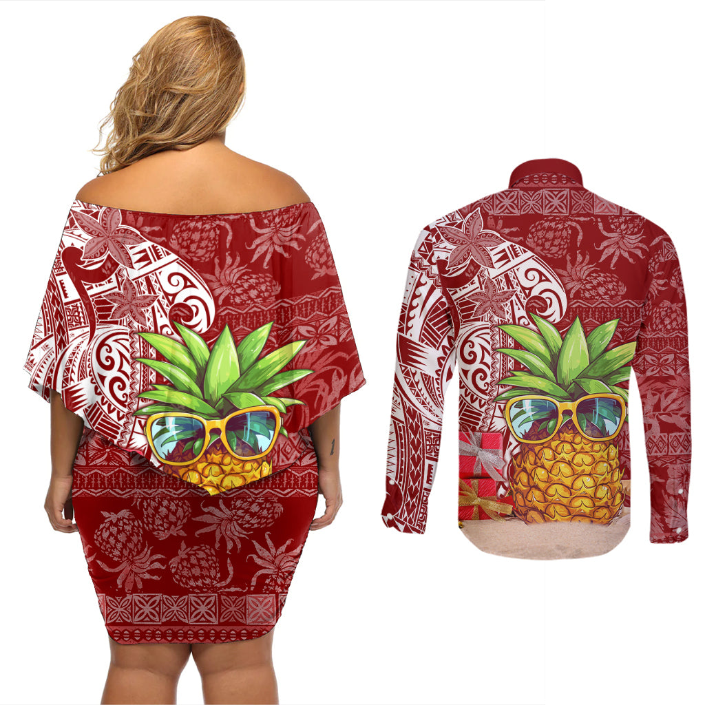 Mele Kalikimaka Hawaii Christmas Couples Matching Off Shoulder Short Dress and Long Sleeve Button Shirt Pineapple Party LT7 - Wonder Print Shop