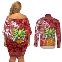 Mele Kalikimaka Hawaii Christmas Couples Matching Off Shoulder Short Dress and Long Sleeve Button Shirt Pineapple Party LT7 - Wonder Print Shop