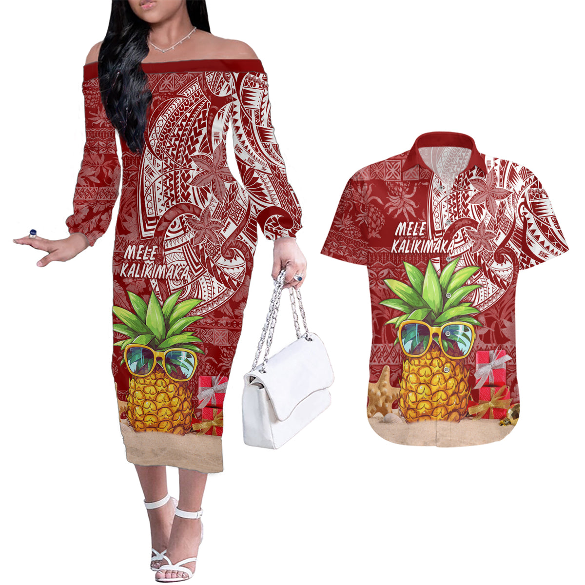 Mele Kalikimaka Hawaii Christmas Couples Matching Off The Shoulder Long Sleeve Dress and Hawaiian Shirt Pineapple Party LT7 - Wonder Print Shop