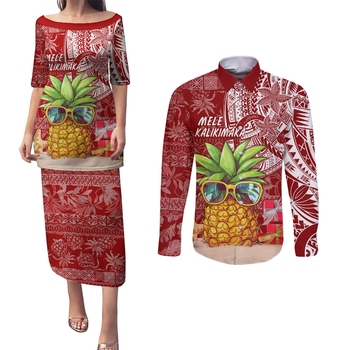 Mele Kalikimaka Hawaii Christmas Couples Matching Puletasi Dress and Long Sleeve Button Shirt Pineapple Party LT7 - Wonder Print Shop