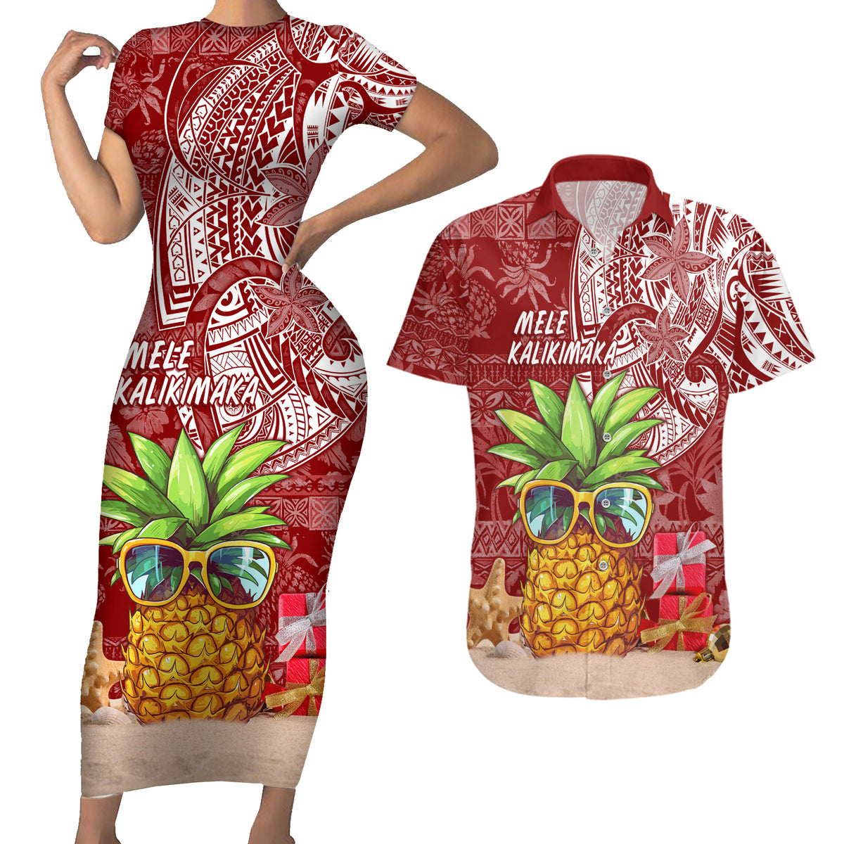 Mele Kalikimaka Hawaii Christmas Couples Matching Short Sleeve Bodycon Dress and Hawaiian Shirt Pineapple Party LT7 - Wonder Print Shop
