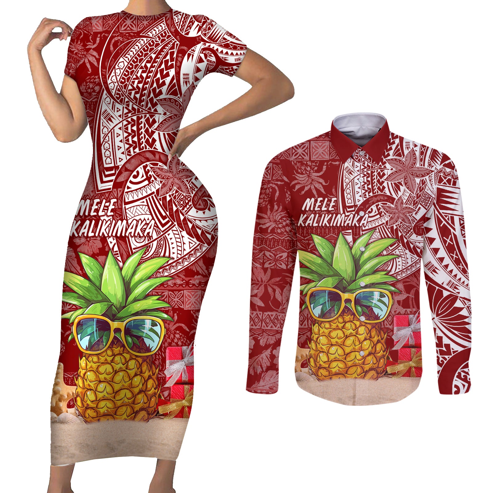 Mele Kalikimaka Hawaii Christmas Couples Matching Short Sleeve Bodycon Dress and Long Sleeve Button Shirt Pineapple Party LT7 - Wonder Print Shop