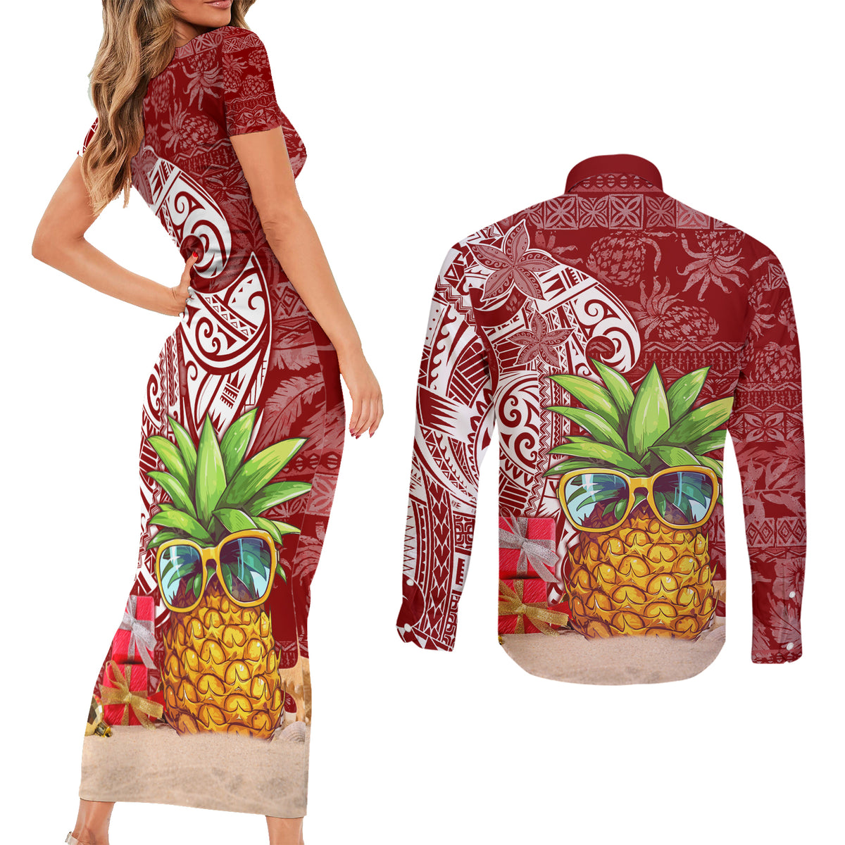 Mele Kalikimaka Hawaii Christmas Couples Matching Short Sleeve Bodycon Dress and Long Sleeve Button Shirt Pineapple Party LT7 - Wonder Print Shop