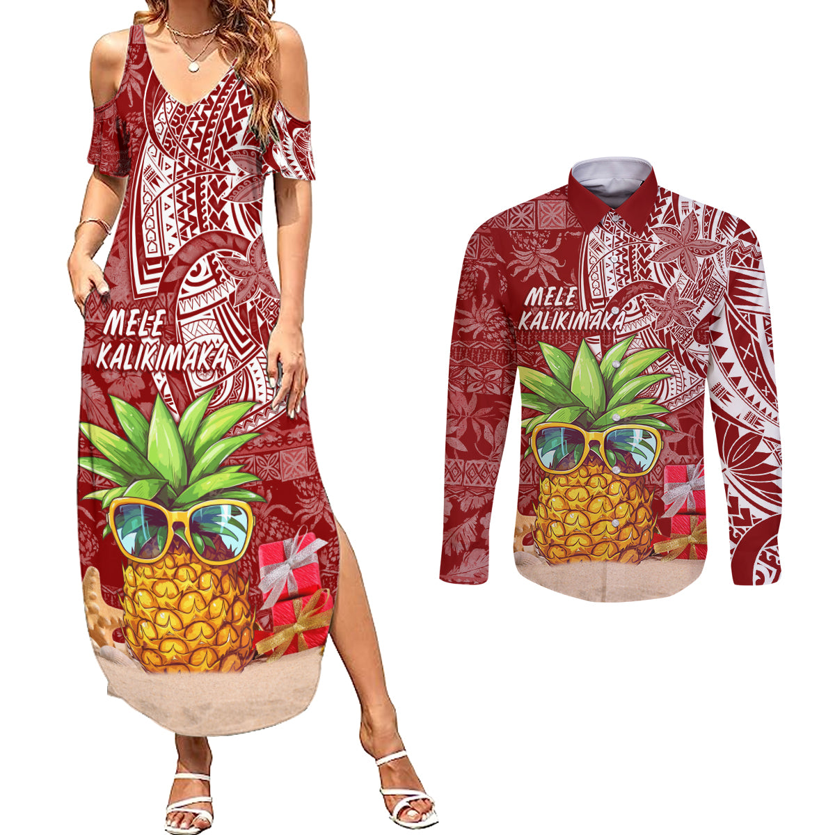 Mele Kalikimaka Hawaii Christmas Couples Matching Summer Maxi Dress and Long Sleeve Button Shirt Pineapple Party LT7 - Wonder Print Shop