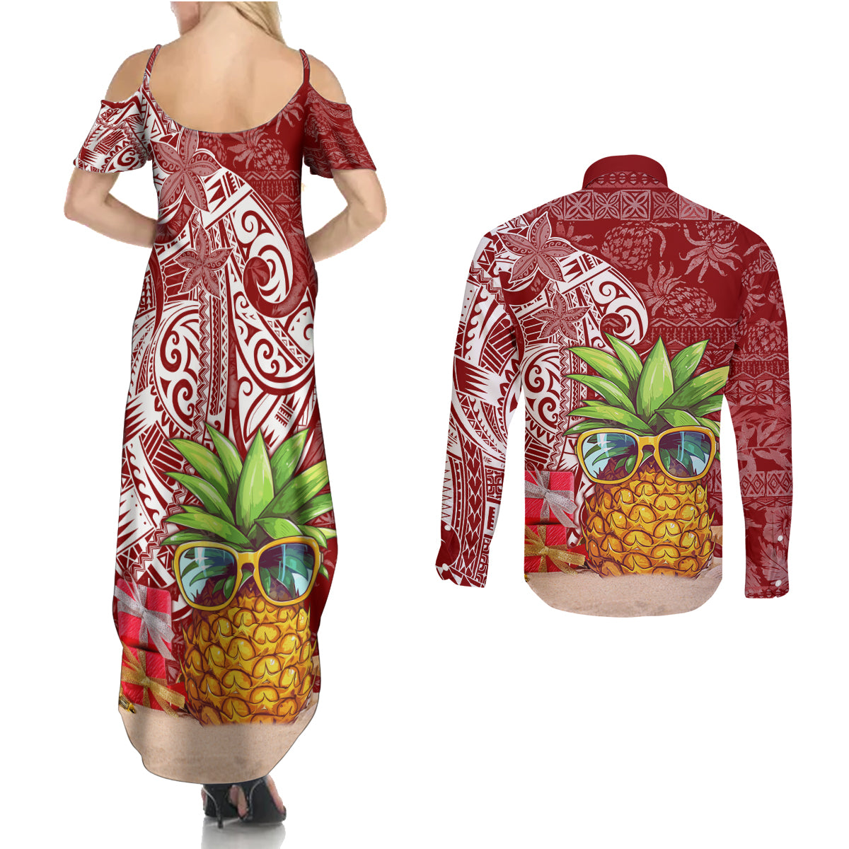 Mele Kalikimaka Hawaii Christmas Couples Matching Summer Maxi Dress and Long Sleeve Button Shirt Pineapple Party LT7 - Wonder Print Shop