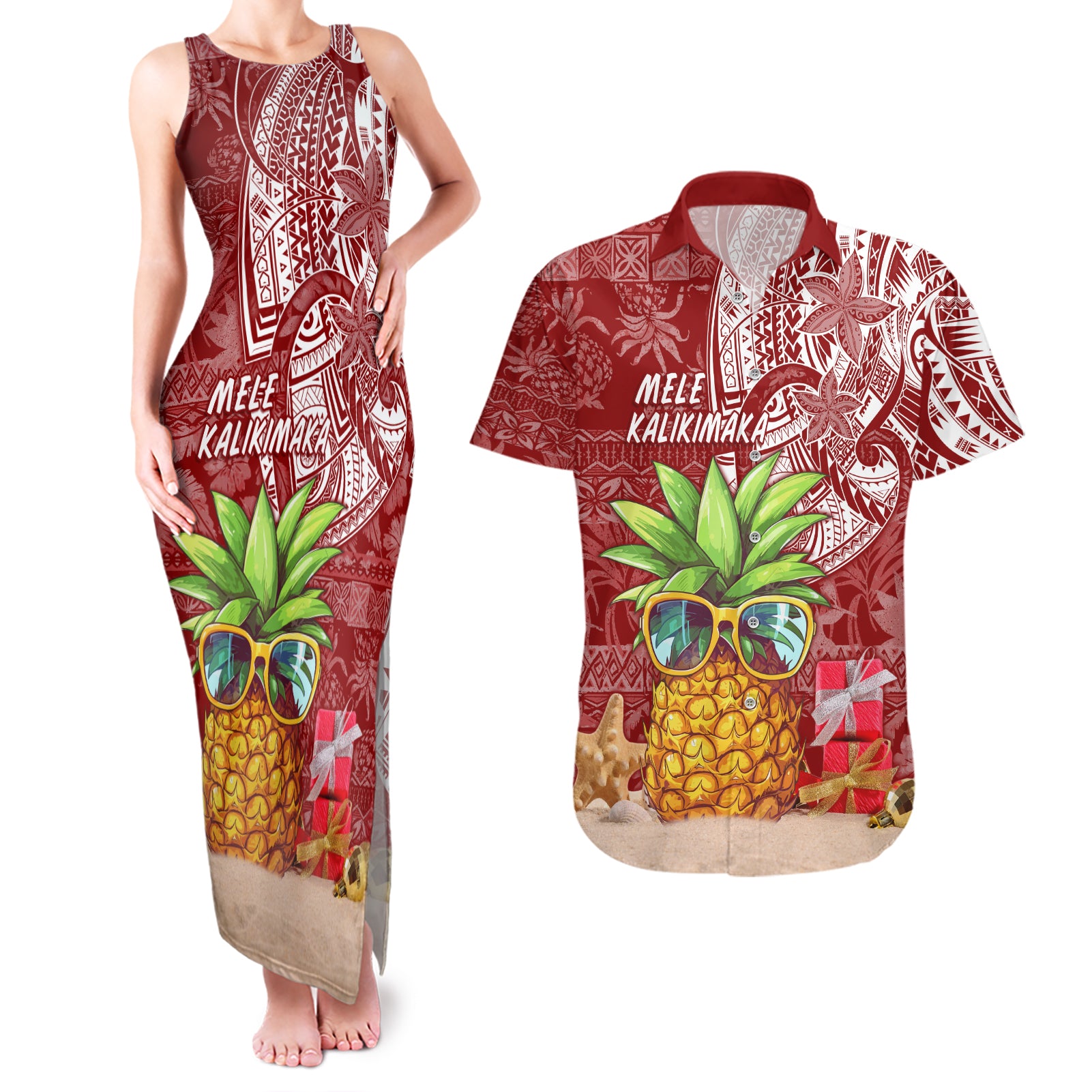 Mele Kalikimaka Hawaii Christmas Couples Matching Tank Maxi Dress and Hawaiian Shirt Pineapple Party LT7 - Wonder Print Shop