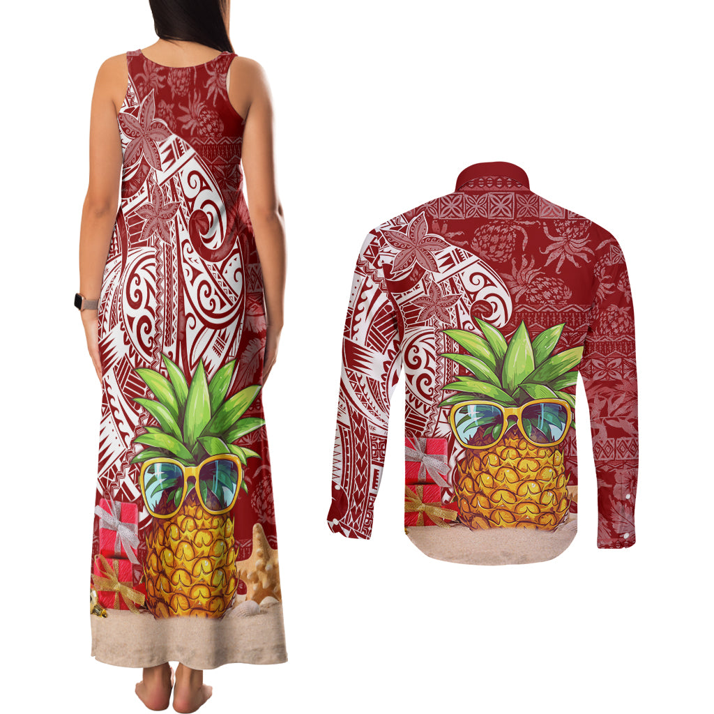 Mele Kalikimaka Hawaii Christmas Couples Matching Tank Maxi Dress and Long Sleeve Button Shirt Pineapple Party LT7 - Wonder Print Shop