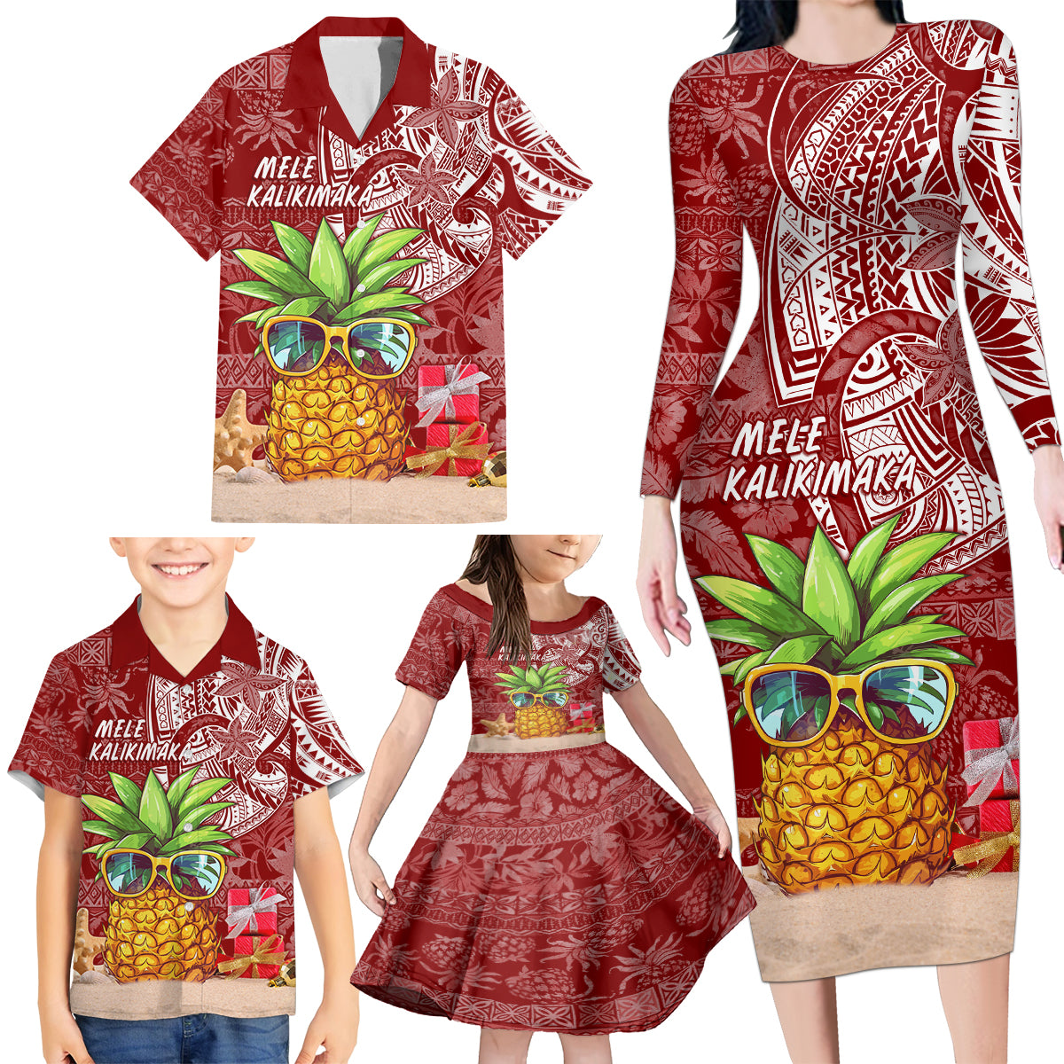 Mele Kalikimaka Hawaii Christmas Family Matching Long Sleeve Bodycon Dress and Hawaiian Shirt Pineapple Party LT7 - Wonder Print Shop