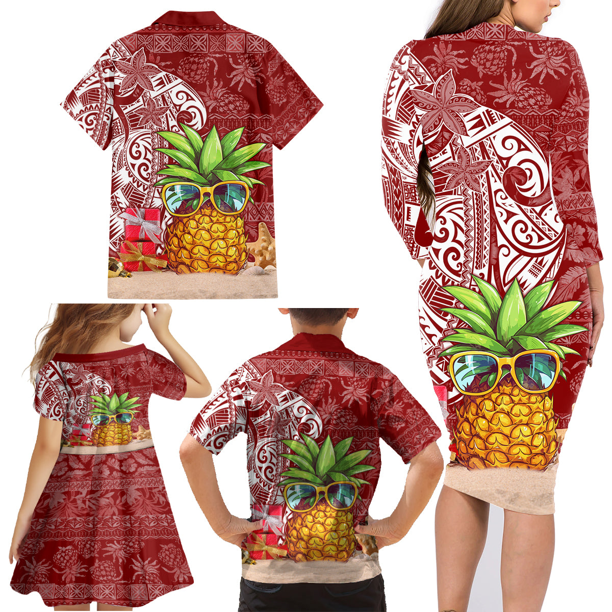 Mele Kalikimaka Hawaii Christmas Family Matching Long Sleeve Bodycon Dress and Hawaiian Shirt Pineapple Party LT7 - Wonder Print Shop