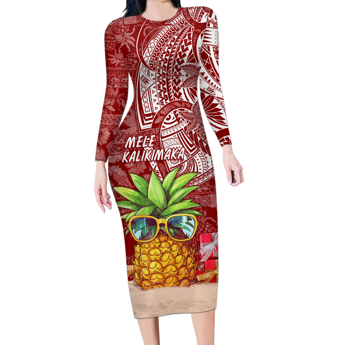 Mele Kalikimaka Hawaii Christmas Family Matching Long Sleeve Bodycon Dress and Hawaiian Shirt Pineapple Party LT7 - Wonder Print Shop